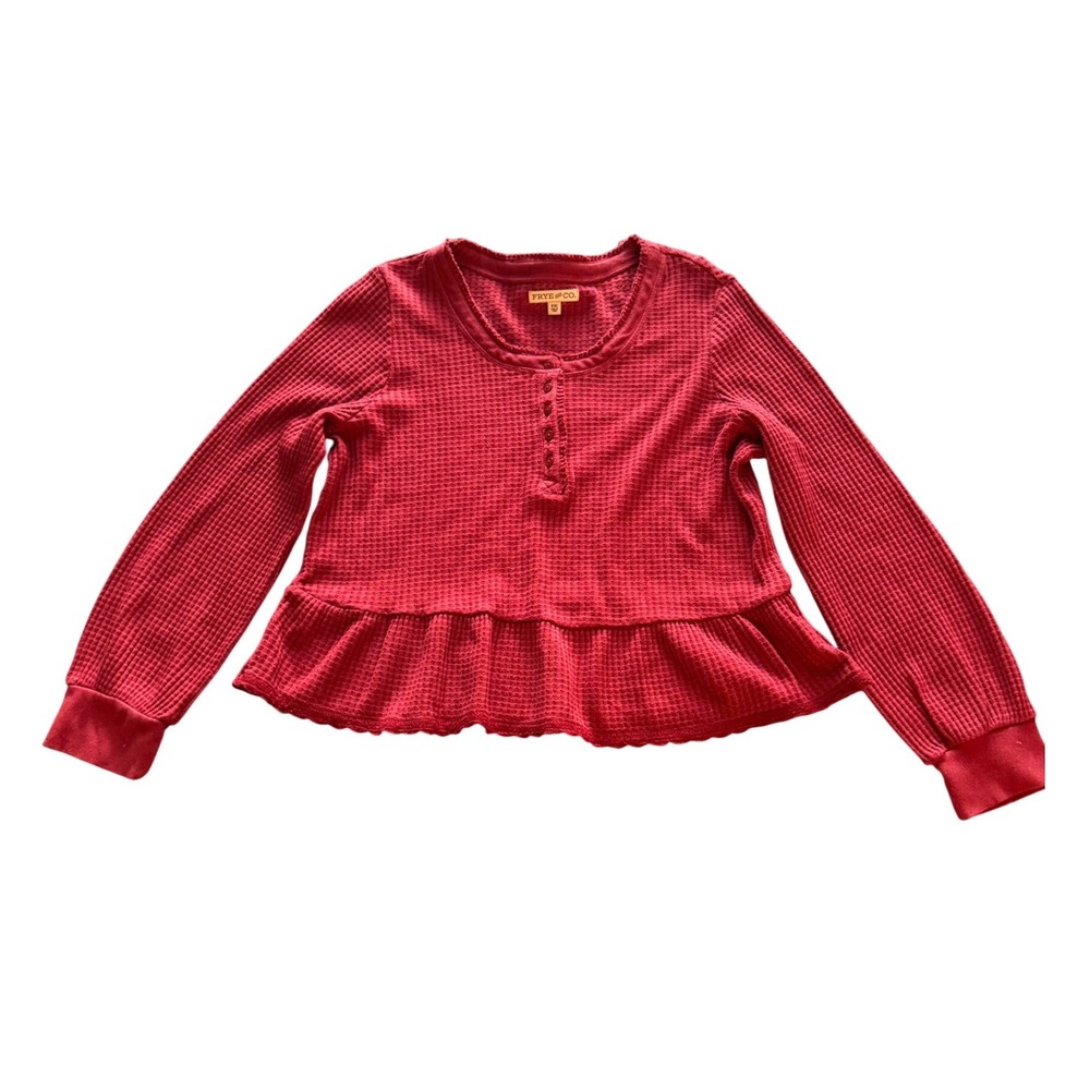 FRYE AND CO Red Waffle Knit Peplum Henley Long‎ Sleeve Shirt Top XXL